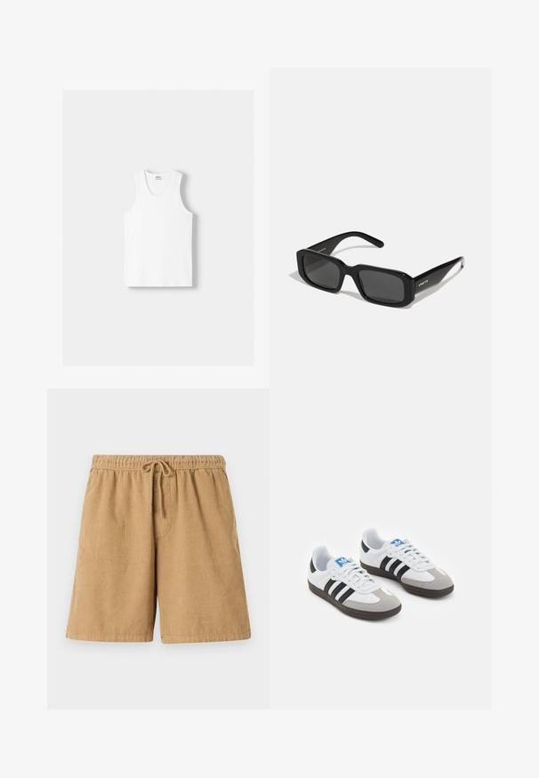 Canotta bianca in cotone con scollatura rotonda, spalline larghe e orlo dritto, caratterizzata da una superficie liscia e senza motivi visibili.; Shorts in velluto a coste marroni con vita elastica e cordoncino. Presentano righe verticali e tasche laterali. Lunghezza corta e design casual.; Scarpe sportive con tomaia in pelle bianca, punta in suede grigia e tre strisce nere. Presentano un logo blu sulla linguetta e una suola in gomma testurizzata.; Arnette THEKIDD UNISEX - Occhiali da sole - black
