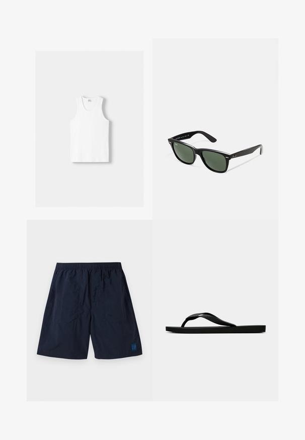 White cotton tank top with a round neckline, wide shoulder straps, and a straight hem, featuring a smooth texture and no visible patterns.; Navy blue shorts made from lightweight material with an elastic waistband and a small square GAP logo on the bottom right.; Black rubber flip-flop sandal with a textured thong strap and simple flat sole, shown from side on a plain light background.; Black plastic sunglasses with green lenses, square frames, silver accent on the brow, and textured temple arms. Stated brand on inner arm.