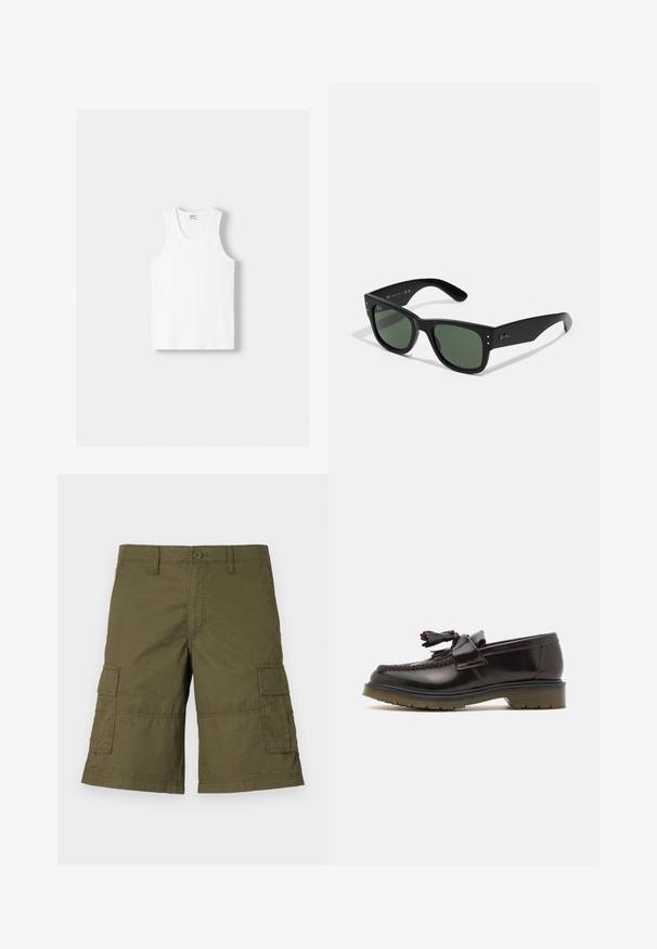 Fehér pamut ujjatlan felső kerek nyakkivágással, széles vállpántokkal és egyenes szegéllyel, sima textúrával, látható minták nélkül.; Olíva zöld cargo sort gombos záródással, több oldalsó zsebbel és varrott részletekkel. Tartós anyagból készült, laza szabással.; Barna bőr loaferek szőtt mintával, bojt részlettel és lapos gumitalppal. Simára polírozott felülettel és kontrasztos varrással rendelkezik.; Fekete téglalap alakú napszemüveg zöld lencsékkel, matt felülettel, diszkrét fém részletekkel és dombornyomott logóval a halántékon.