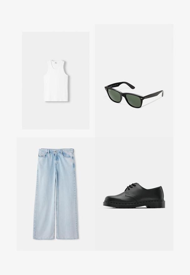 Fehér pamut ujjatlan felső kerek nyakkivágással, széles vállpántokkal és egyenes szegéllyel, sima textúrával, látható minták nélkül.; Világoskék, bő szabású farmernadrág klasszikus ötpocketos dizájnnal, normál derékpánttal és befejezetlen szegéllyel. Puha denim textúra, enyhe kopással.; Fekete bőr oxford cipő fűzős kialakítással, kerek orral, lapos gumitalppal és finom varrással a felső részen.; Fekete műanyag napszemüveg zöld lencsékkel, négyzet alakú kerettel, ezüst díszítéssel a keret felső részén, valamint texturált szárakkal. A márka neve a belső száron található.
