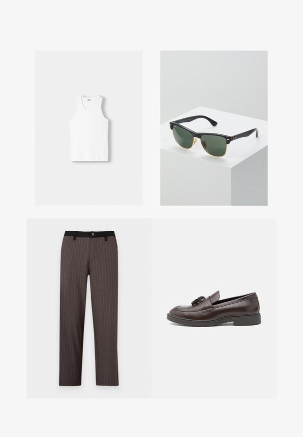 Biały bawełniany top na ramiączkach z okrągłym dekoltem, szerokimi ramiączkami i prostym dołem, charakteryzujący się gładką teksturą i brakiem widocznych wzorów.; Ciemnoszare spodnie z pionowymi białymi paskami, z czarnym pasem i zapięciem na guzik. Prosty krój nogawek, gładka faktura.; Brązowe skórzane mokasyny z zaokrąglonym noskiem, dekoracyjnym chwostem, szytymi detalami i niskim gumowym obcasem dla dodatkowego komfortu.; Okulary przeciwsłoneczne Ray-Ban z zielonymi soczewkami, czarnymi plastikowymi oprawkami i złotymi akcentami na krawędziach. Kwadratowy kształt z matowym wykończeniem.