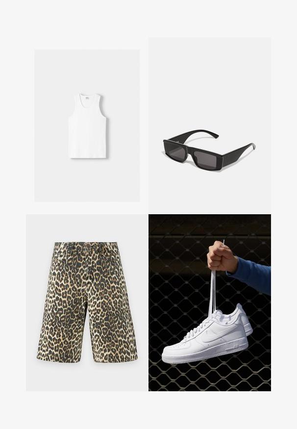 Débardeur en coton blanc avec un col rond, de larges bretelles et un ourlet droit, présentant une texture lisse et sans motifs visibles.; Shorts en denim imprimé léopard avec un motif marron clair, noir et beige, cinq poches et une coupe droite.; Baskets en cuir blanc avec perforations, à bout rond, semelle plate et lacets épais, arborant un logo swoosh visible et "AIR" sur le talon.; Lunettes de soleil noires avec des montures rectangulaires et des verres sombres. Fabriquées en plastique brillant, avec un design angulaire et des branches fines.