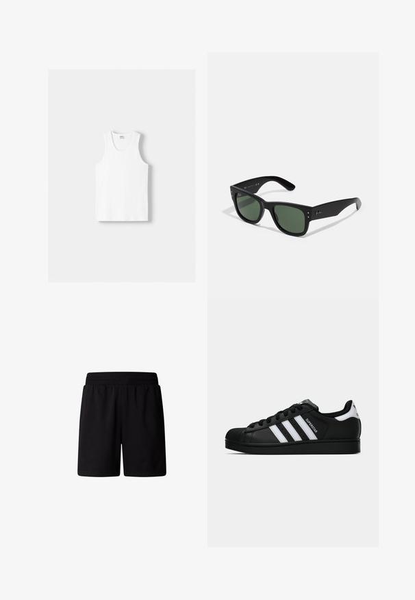 Débardeur en coton blanc avec un col rond, de larges bretelles et un ourlet droit, présentant une texture lisse et sans motifs visibles.; Shorts de sport noirs avec une taille élastique. Fabriqués en tissu léger et doux avec une texture lisse et sans motifs ni embellissements apparents.; Baskets Adidas Superstar noires avec rayures blanches, bout en coque, et texte "Superstar" sur le côté, montrées en profil sur fond blanc.; Lunettes de soleil rectangulaires noires avec verres verts, finition mate, accents matériels subtils et logo en relief sur la branche.
