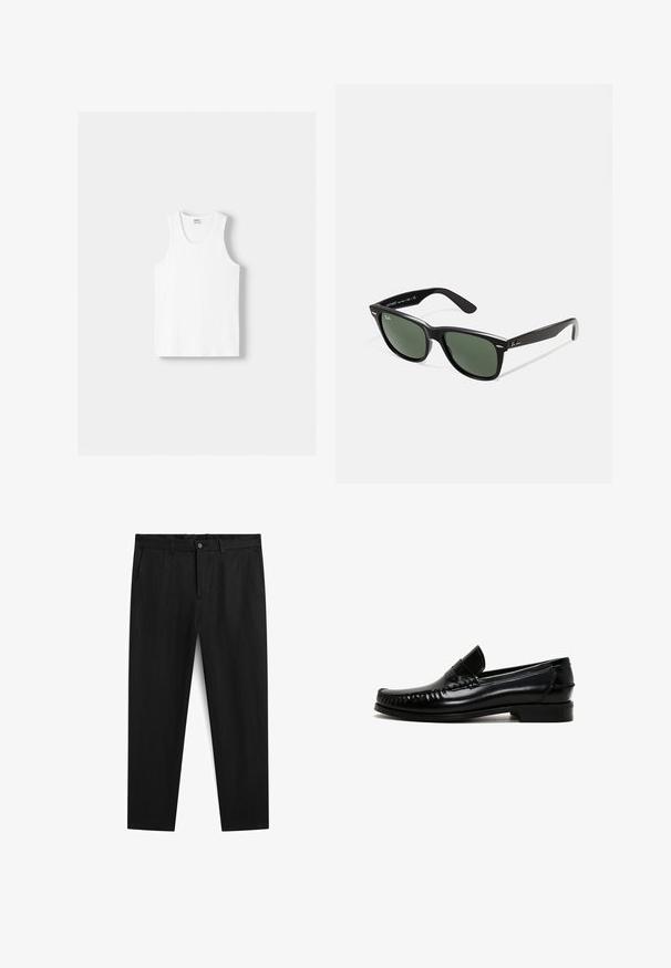 Witte katoenen tanktop met een ronde halslijn, brede schouderbanden en een rechte zoom, met een gladde textuur en zonder zichtbare patronen.; Zwarte katoenen broek met een rechte pijp, voorzien van een knoopsluiting, riemlussen en twee zijzakken. Soepele textuur en minimalistisch ontwerp.; Zwarte leren loafers met een ronde neus, gestikte details langs de randen en een lage blokhak. Gladde textuur en minimalistisch ontwerp.; Zwarte plastic zonnebril met groene lenzen, vierkante montuur, zilveren accent op de wenkbrauw en een gestructureerde tempel. Merken vermeld op de binnenkant van de arm.