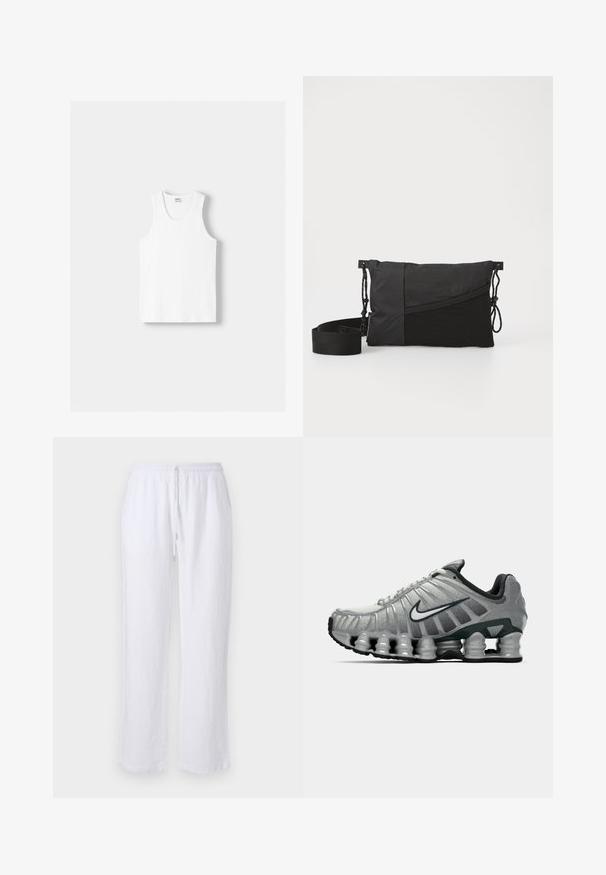 Biały bawełniany top na ramiączkach z okrągłym dekoltem, szerokimi ramiączkami i prostym dołem, charakteryzujący się gładką teksturą i brakiem widocznych wzorów.; Białe lniane spodnie o luźnym kroju, z elastycznym pasem i sznurkiem do regulacji. Gładka tekstura i prosty krój nogawek. Bez wzorów ani akcentów.; Szare i czarne buty biegowe Nike z widocznym, sprężystym tłumieniem pod podeszwą oraz białym logo swoosh po boku.; Czarna torba na ramię wykonana z teksturowanej tkaniny, z ukośnym wzorem, regulowanym paskiem i ściągaczami po bokach.