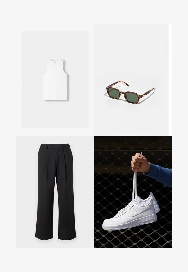 Bílý bavlněný top na ramínka s kulatým výstřihem, širokými ramínky a rovním lemem, s hladkou texturou a bez viditelných vzorů.; Černé široké kalhoty vyrobené z hladké tkaniny, s předními záhyby, knoflíkovým zapínáním a bočními kapsami.; Bílé kožené tenisky s perforacemi, kulatou špičkou, plochou podrážkou a silnými tkaničkami, které mají viditelné logo swoosh a nápis "AIR" na patě.; Kočičí brýle v barvě želvoviny se zelenými skly, s osmiúhelníkovým tvarem a úzkými, zakřivenými stranami. Materiál má lesklý povrch.