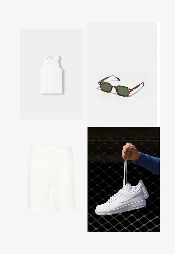 Weißes Baumwoll-Trägershirt mit Rundhalsausschnitt, breiten Trägern und geradem Saum, das eine glatte Textur aufweist und keine sichtbaren Muster hat.; Weiße Baumwollshorts mit klassischem Design, mit Knopfverschluss, Gürtelschlaufen und geraden Beinen bis zur Mitte des Oberschenkels.; Weiße Leder-Sneaker mit Perforationen, runder Zehenpartie, flacher Sohle und dicken Schnürsenkeln, mit sichtbar eingesticktem Swoosh-Logo und "AIR" an der Ferse.; Schildpatt-Sonnenbrille mit grünen Gläsern, in einer achteckigen Form und schlanken, gebogenen Bügeln. Das Material hat eine glänzende Oberfläche.