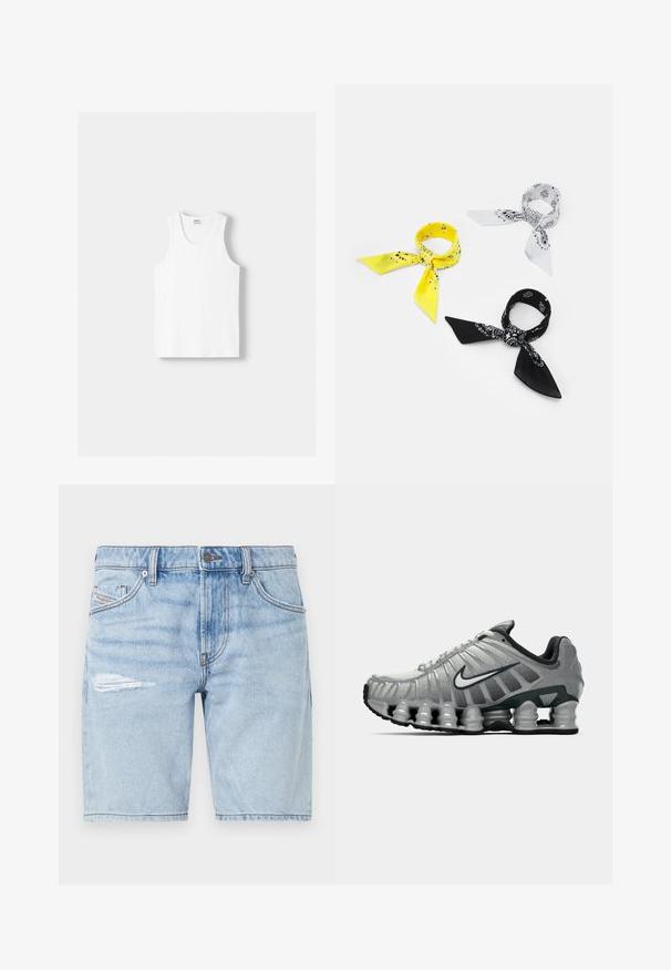 Valkoinen puuvillainen hihaton paita, jossa on pyöreä kaula-aukko, leveät olkaimet ja suora helma. Paidan tekstuuri on sileä, eikä siinä ole näkyviä kuvioita.; Vaaleansiniset farkkushortsit haalistetulla pesulla, vasemmassa reidessä repäisty yksityiskohta ja klassinen viiden taskun muotoilu. Metallinappikiinnitys.; Harmaa ja musta Nike-juoksukenkä, jossa on näkyvää jousimaista vaimennusta pohjan alla ja valkoinen swoosh-logo sivulla.; Kolme bandanaa: yksi keltainen mustilla kuvioilla, yksi valkoinen mustilla kuvioilla ja yksi musta valkoisilla graafisilla kuvilla. Kaikki ovat neliöitä, kevyttä kangasta.