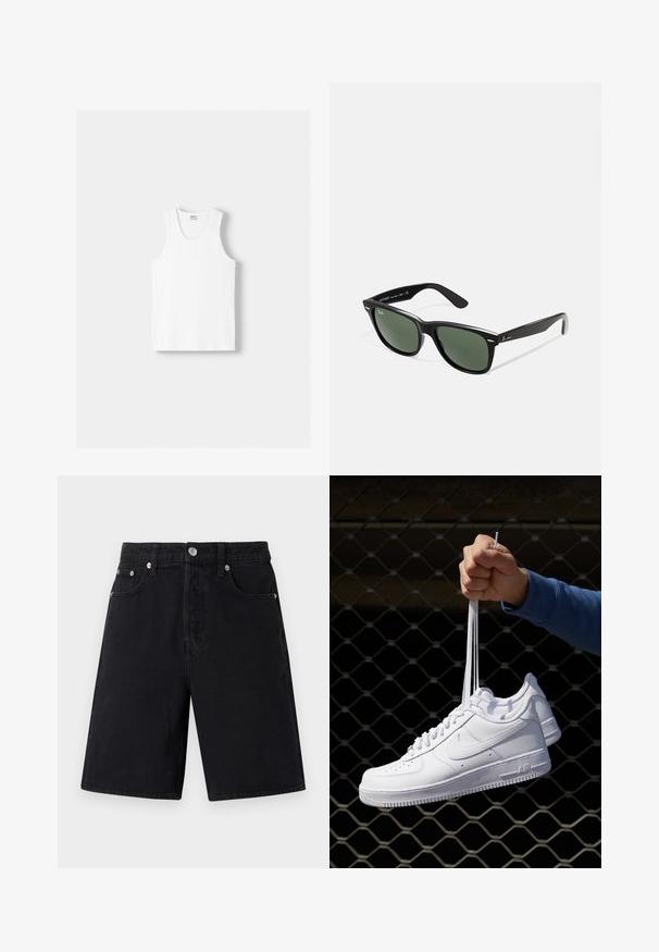 Hvid bomulds tanktop med rund halsudskæring, brede skulderstropper og lige kant, der har en glat tekstur og uden synlige mønstre.; Sorte denimshorts med lige snit. Funktioner omfatter lynlås, fem lommer, sølvfarvet hardware og en subtil teksturfinish.; Hvide lædersneakers med perforeringer, rund tå, flad sål og tykke snørebånd, med et synligt swoosh-logo og "AIR" på hælen.; Sorte plastiksolkaber med grønne linser, firkantede stel, sølvaccent på brynene og teksturerede templede arme. Angivet mærke på den indre arm.