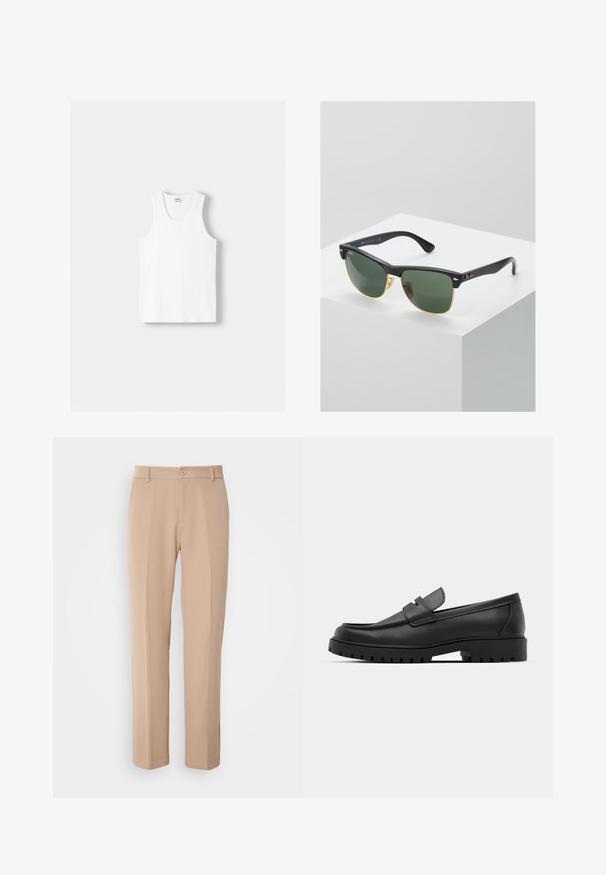 White cotton tank top with a round neckline, wide shoulder straps, and a straight hem, featuring a smooth texture and no visible patterns.; Beige trousers made from smooth fabric, featuring a straight-leg design, a front button closure, and subtle crease details along the front.; Black leather loafers with a rounded toe, featuring a stitched design, low platform sole, and a textured, lugged rubber outsole.; Ray-Ban sunglasses with green lenses, black plastic frames, and gold accents at the edges. Square shape with a matte finish.