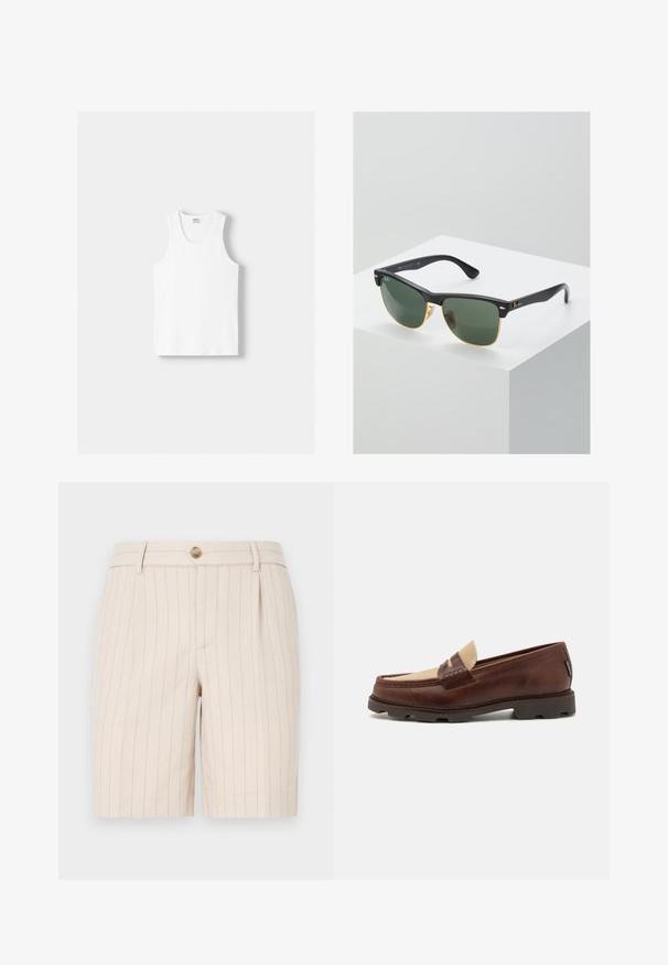 Weißes Baumwoll-Trägershirt mit Rundhalsausschnitt, breiten Trägern und geradem Saum, das eine glatte Textur aufweist und keine sichtbaren Muster hat.; Beige Shorts aus einem leichten Stoff, mit einem Nadelstreifenmuster, einem vorderen Knopfverschluss und seitlichen Taschen.; Braune Lederloafer mit einem taupefarbenen Canvas-Akzent, genähten Details und einer strukturierten Gummisohle, die für Komfort und Langlebigkeit ausgelegt ist.; Ray-Ban Sonnenbrillen mit grünen Gläsern, schwarzen Kunststoffrahmen und goldenen Akzenten an den Rändern. Quadratische Form mit matter Oberfläche.