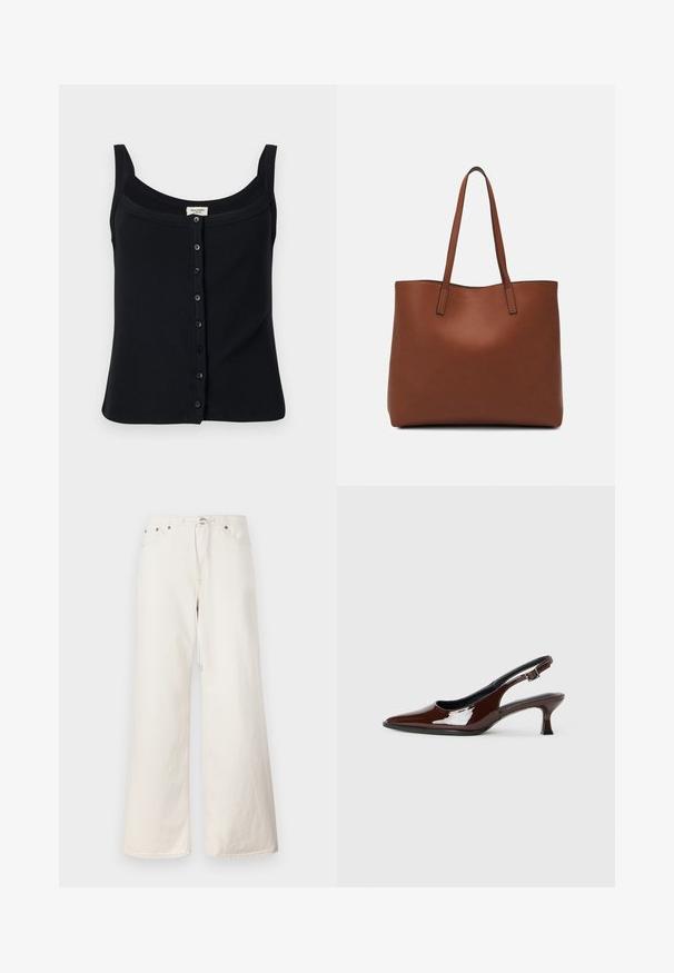 Top de tirantes de canalé negro con escote cuadrado, tirantes ajustables y cierre frontal de botones con seis botones.; Pantalones de mezclilla blancos de pierna ancha con cintura ajustable, bolsillos frontales y detalles de costura sutiles. Fabricados en un material de algodón resistente.; Zapato slingback de charol marrón con punta afilada y tacón moderado. Cuenta con una correa con hebilla para un ajuste seguro. Textura suave.; Bolso tote de cuero marrón con una textura suave, diseño de apertura superior y dos correas para el hombro. Presenta una costura mínima y sin herrajes visibles.