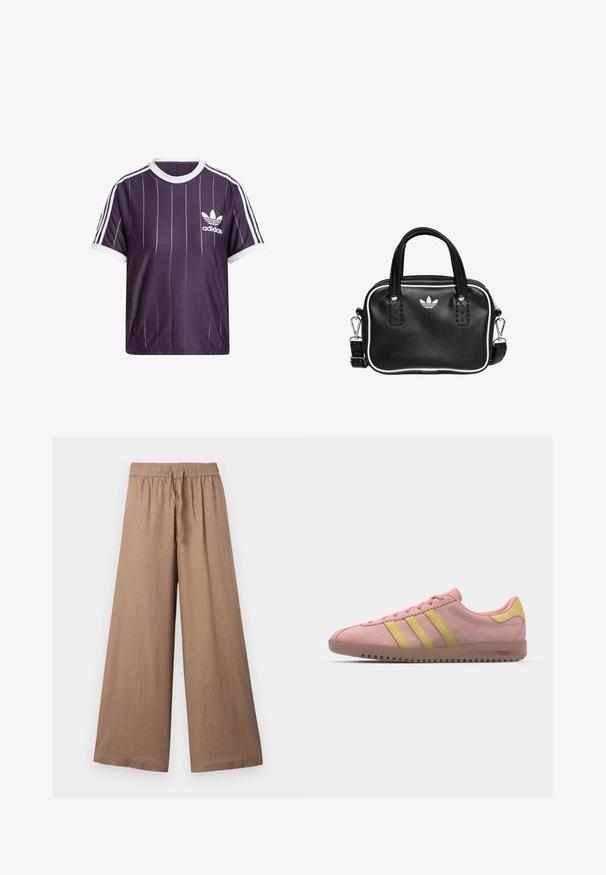 Purple athletic t-shirt with white vertical stripes, round white collar, and Adidas logo in white on the left chest. Short sleeves.; Wide-leg trousers in a light brown fabric, featuring an elastic waistband with a drawstring and a smooth, textured finish.; Pink suede sneaker with three yellow stripes, rounded toe, and textured rubber sole. Low profile design with a cushioned collar.; Black leather handbag with two short handles, silver hardware, white accents, and a white logo. Features a textured surface and compact design.