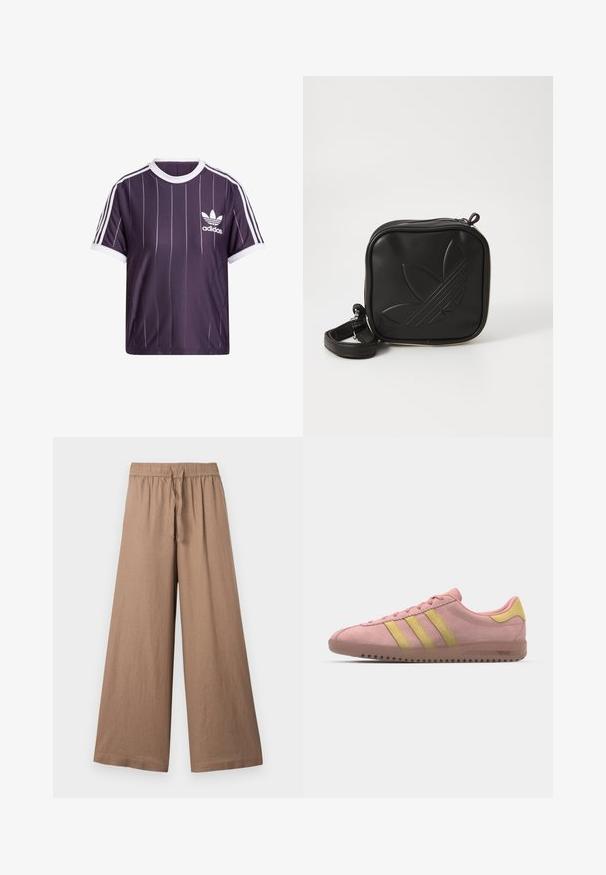 Purple athletic t-shirt with white vertical stripes, round white collar, and Adidas logo in white on the left chest. Short sleeves.; Wide-leg trousers in a light brown fabric, featuring an elastic waistband with a drawstring and a smooth, textured finish.; Pink suede sneaker with three yellow stripes, rounded toe, and textured rubber sole. Low profile design with a cushioned collar.; Black square crossbody bag made of textured synthetic material. Features an embossed logo design and adjustable strap. Zipper closure.