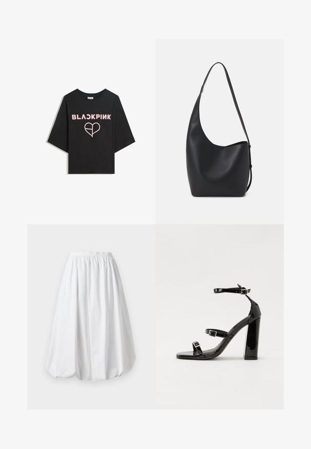 Zwarte T-shirt met korte mouwen van katoen. Heeft "BLACKPINK" in vette roze letters en een roze hartafbeelding op de voorkant.; Witte, knie-lange rok met een elastische tailleband en een ballonvorm. Gemaakt van lichte stof met een gladde textuur.; Zwarte gepatenteerde sandalen met hak en een vierkante neus, enkelbandjes en zilveren gespen. Heeft een stevige blokhak voor stabiliteit.; Zwarte leren hobo tas met een gladde textuur, kromme vorm en een enkele verstelbare schouderband; heeft een brede opening aan de bovenkant.