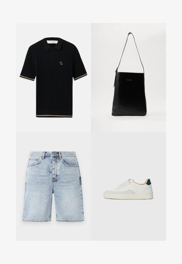 Mustarib lühikeste varrukatega polo särk, millel on krae, kolm nööpi, beež ääristamine käistel ja allservas ning FP tikand vasakul rinnal.; Heledad sinine teksatooted otstarvetega lühikesed püksid, sirge lõikega, viie taskuga ja kontrastsete õmblustega. Toote alumine osa on tooriku servaga. Eelnevalt pestud tekstuur.; Valged tennisjalanõud, millel on sametised aktsendid, ümar varvas, lame nöörid ja kreemjas kummine põhja. Hästi nähtav roheline bränding kannal.; Mustast nahast õlakott, millel on sile tekstuur, ristkülikuline kuju ja pikk rihm; keskel on väike valge logo.