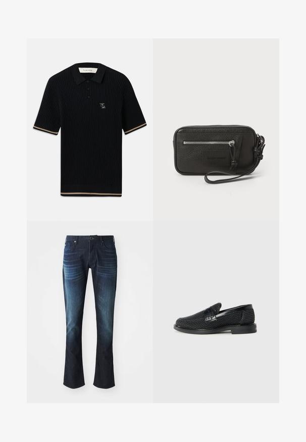 Juodas trumpomis rankovėmis juostuotas polo marškinėliai su apykakle, trimis mygtukais, smėlio spalvos apdaila ant rankovių ir atraižų, bei FP siuvinėtų logotipu kairėje krūtinėje.; Tamsiai mėlynos džinsinės kelnės su tiesiu siluetu, šiek tiek išblukusios, su diržo kilpomis ir priekinėmis kišenėmis. Klasikinis mygtuko ir užtrauktuko uždarymas.; Juodas pintas slip-on tipo batelis su lygiu odiniu akcentu viršuje, apvalios nosies dizainas ir žemas guminis padas.; Juodas odinis delninukas su tekstūruotu paviršiumi, priekinė užtrauktuko kišenė ir nuimama riešo juosta. Priekyje yra logotipo etiketas. Stačiakampio formos.