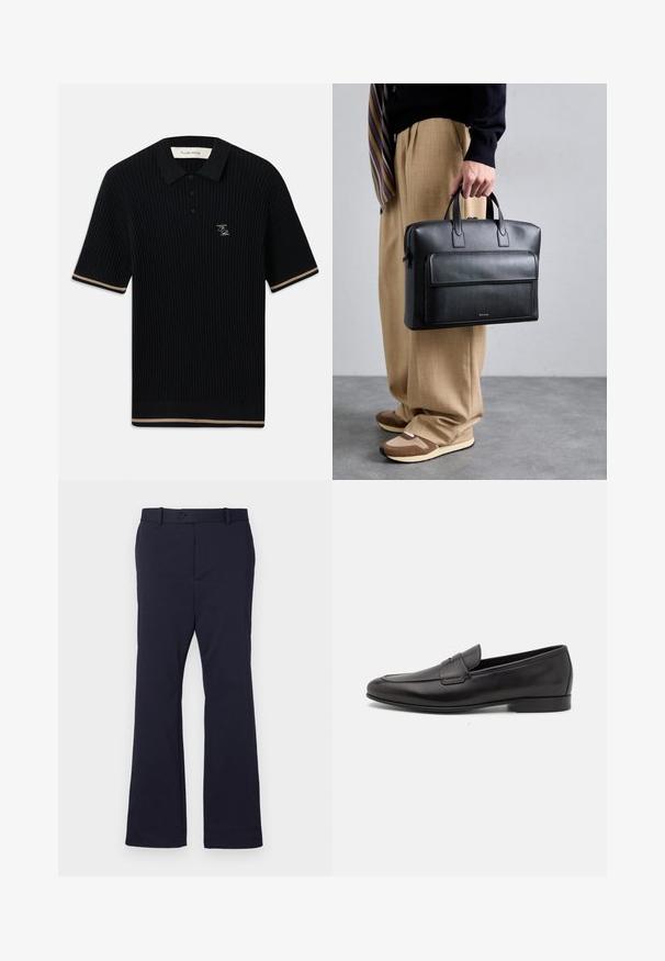 Polo shirt nero a costine con maniche corte e colletto, tre bottoni, rifiniture beige sulle maniche e sull'orlo, e logo FP ricamato sul lato sinistro del petto.; Pantaloni blu navy realizzati in tessuto liscio con una linea dritta, tasche frontali e chiusura con un solo bottone in vita.; Mocassino da uomo in pelle nera con tacco basso e design classico a striscia, mostrato in profilo laterale su sfondo bianco.; Valigetta in pelle nera con due manici superiori, una tasca frontale con zip e una texture liscia. Design semplice con un sottile dettaglio di branding.