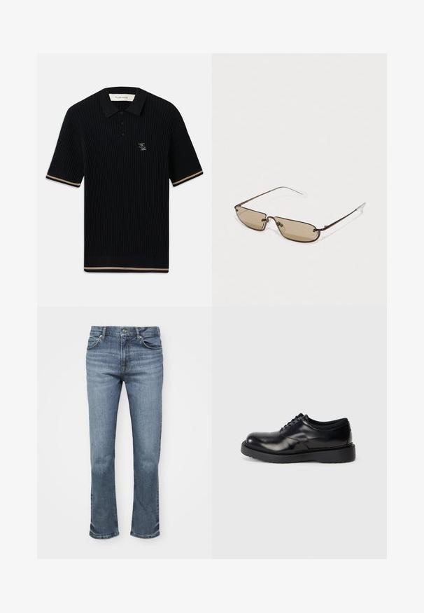 Svart ribbet kortermet polo skjorte med krage, tre knapper, beige kant på ermene og kanten, samt FP brodert logo på venstre bryst.; Blå denimjeans har en rett ben-design, fem-lomme stil og en knappelukking med kontrasterende sømmer.; Sorte lær snøresko med rund tå, glat overflade og en tyk gummisål med subtile riller for bedre greb.; Brune metalliske rektangulære solbriller med brune tette linser og tynne, klare tempeltipper, med et minimalistisk design og subtil merkevare.
