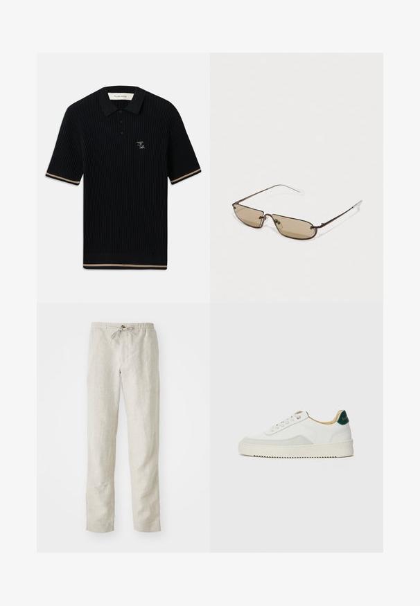 Zwarte geribbelde polo met korte mouwen en kraag, drie knopen, beige afwerking op de mouwen en zoom, en een geborduurd FP-logo op de linkerkant van de borst.; Lichtbeige linnen broek met een recht gesneden ontwerp, elastische tailleband, verstelbare koord en geen zichtbare patronen of hardware.; Witte sneaker met suède accenten, ronde neus, platte veters en een crème rubberen zool. Bevat groene branding op de hiel.; Bruine metalen rechthoekige zonnebril met bruin getinte lenzen en dunne, doorzichtige tempeltips, met een minimalistisch ontwerp en subtiele branding.