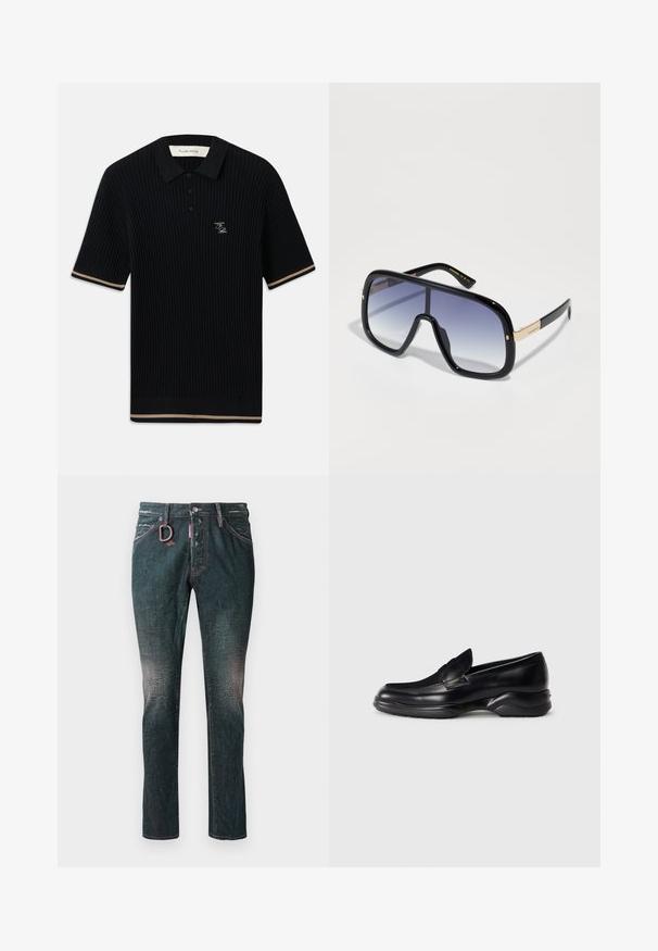 Mustarib lühikeste varrukatega polo särk, millel on krae, kolm nööpi, beež ääristamine käistel ja allservas ning FP tikand vasakul rinnal.; Tumedat teksased, millel on veidi kulunud tekstuur, eristuvate roosa õmbluse ja metallist aasiga esikotlil.; Mustad mustad nahast loafers, millel on madal, tekstureeritud kummitald ja õmmeldud disain peal. Omab ümarat nina ja minimaalset kaunistust.; Üks suur must päikeseprillid, millel on järkjärguline lilla lääts, läikiv viimistlus ja kuldsed aksessuaarid templis. Ristkülikukujuline raam.