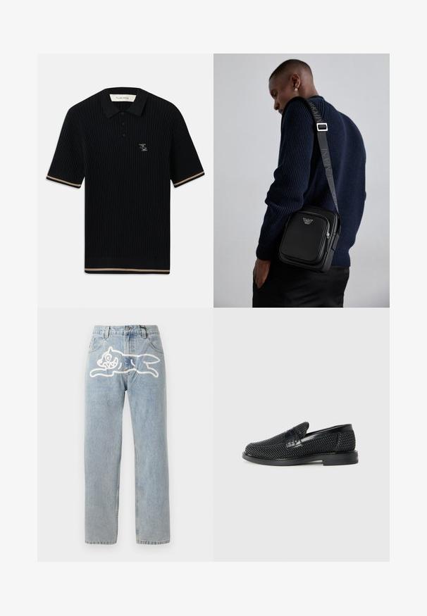 Svart ribbet kortermet polo skjorte med krage, tre knapper, beige kant på ermene og kanten, samt FP brodert logo på venstre bryst.; Lys blå denim jeans med rett snitt, med et stort hvitt grafisk bilde av en katt på baksiden. Klassisk fem-lomme-design.; Sorte vevde slip-on sko med en glatt lærdetalj på overdelen, design med rund tå og en lavprofil gummisåle.; Svart lær crossbody-veske med en glidelåslomme, logo-detalj og justerbar rem med merke. Båret mot en teksturert marineblå genser.