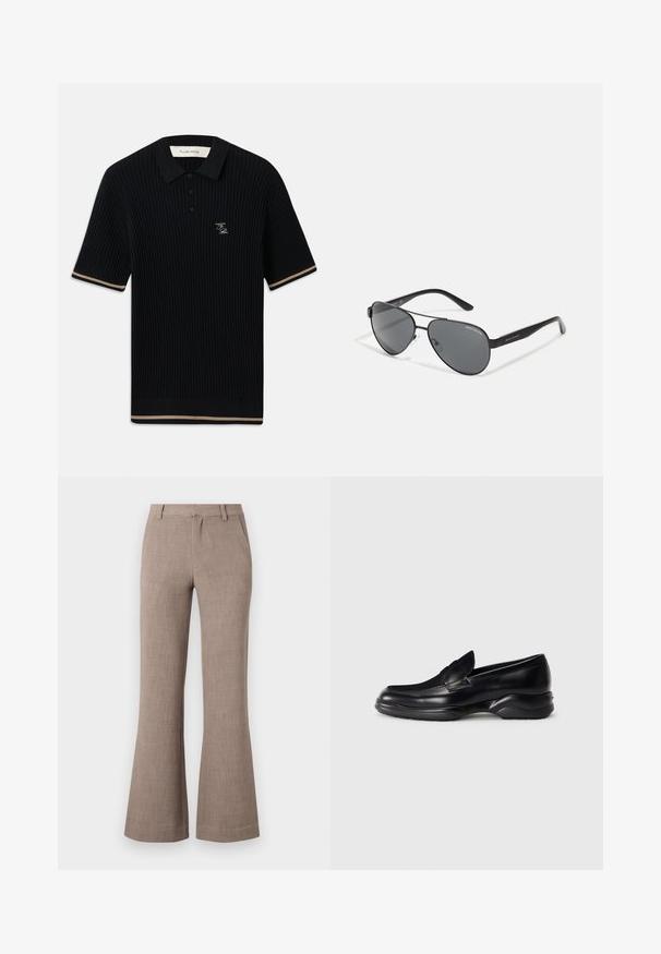 Mustarib lühikeste varrukatega polo särk, millel on krae, kolm nööpi, beež ääristamine käistel ja allservas ning FP tikand vasakul rinnal.; Beige laiad püksid, mis on valmistatud struktureeritud kangast, varustatud tõmblukuga ja küljetaskutega, et tagada funktsionaalsus. Kohandatud disain.; Mustad mustad nahast loafers, millel on madal, tekstureeritud kummitald ja õmmeldud disain peal. Omab ümarat nina ja minimaalset kaunistust.; Mustad aviator-prillid tumedate läätsede, õhukese metallraami ja saledate plastikvarsadega, millel on logo aktsendid.