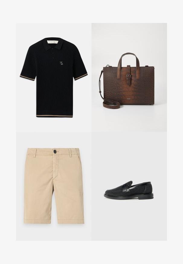 Fekete bordázott, rövid ujjú pólóing, gallérral, három gombbal, bézs díszítéssel az ujjakon és az alján, és FP hímzett logóval a bal mellrészen.; Vászonból készült khaki rövidnadrág. Jellemzői: cipzáras záródás, gombos zár, elülső zsebek, varrott varratok és lapos elülső dizájn.; Fekete szőtt slip-on cipő sima bőr díszítéssel a felsőrészen, kerek orral és alacsony profilos gumitalppal.; Barna krokodilbőr hatású bőr kézitáska tetejére erősített füllel és levehető vállpánttal. Csattal záródik, és téglalap alakú.