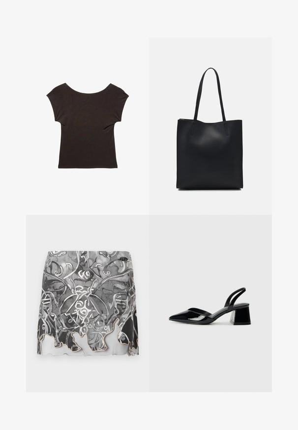 Top corto marrone scuro a maniche corte con un ampio scollo a barca. Realizzato in un tessuto morbido e liscio con una silhouette aderente. Nessun motivo o decorazioni visibili.; Mini gonna a pattern bianco e nero con design astratti, orlo scallop e una texture di tessuto liscia con una leggera lucentezza.; Décolleté in vernice nera con punta affusolata e tacco in geometria cubica. Presentano un design elegante e minimalista, con una texture liscia.; Borsa tote in pelle nera con texture liscia, forma rettangolare e due manici lunghi. Nessun hardware o decorazione visibile.