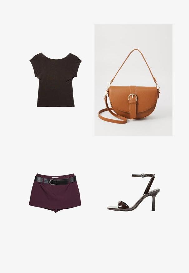 Mørkebrun kortærmet bluse med en bred, dyb halsudskæring. Lavet af blødt, glat stof med en tætsiddende silhuet. Ingen synlige mønstre eller udsmykninger.; Bordeaux shorts med et sort læderbælte. Designet har en glat tekstur og en tætsiddende form, med et bredt bælte, der er sikret med en spænde.; Brune patentlæder højhælede sandal med ankelrem, åben tå og et elegant, minimalistisk design. Udstyret med en firkantet hæl.; Brun læder crossbody taske med en buet form, guldfarvet hardware og en spændeaccent. Har en aftagelig skulderrem.