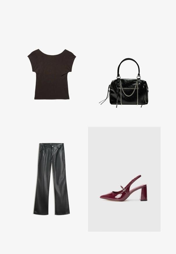 Ciemnobrązowa krótka bluzka z szerokim, okrągłym dekoltem. Wykonana z miękkiego, gładkiego materiału z dopasowanym krojem. Brak widocznych wzorów lub ozdób.; Czarne sztuczne skórzane spodnie w stylu dzwonów o gładkiej fakturze, pięcioma kieszeniami, zamkiem z przodu i kontrastowymi szwami.; Bordowe lakierowane sandały na obcasie w kształcie szpilki z ostrym noskiem i średnim blokowym obcasem. Posiadają klamrę i gładkie, błyszczące wykończenie.; Bershka - Torebka