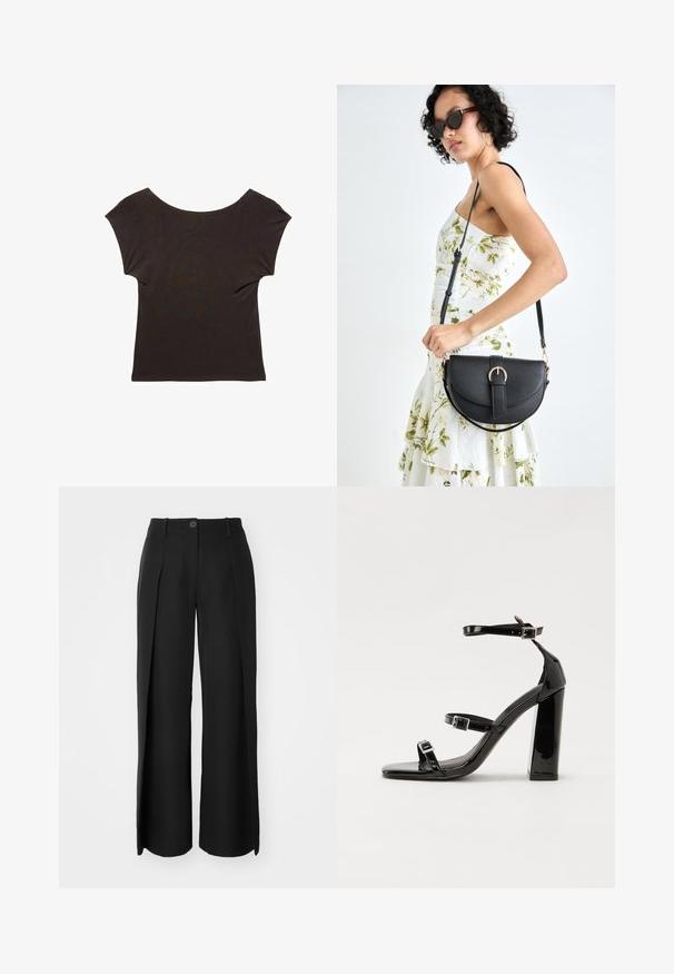 Tmavě hnědé tričko s krátkým rukávem a širokým, vykrojeným výstřihem. Vyrobeno z měkké, hladké látky s přiléhavým střihem. Žádné viditelné vzory ani ozdoby.; Černé široké kalhoty vyrobené z hladké látky mají přední záhyby, jedno tlačítko na zapínání a poutka na opasek.; Černé lakované sandály na vysokém podpatku se dvěma pásky se sponami, čtvercovou špičkou a robustním blokovým podpatkem, s hladkou, lesklou texturou.; Černá kožená kabelka s křivkovým tvarem, odnímatelným popruhem a zlatými detaily. Kabelka má klopu s přezkou.