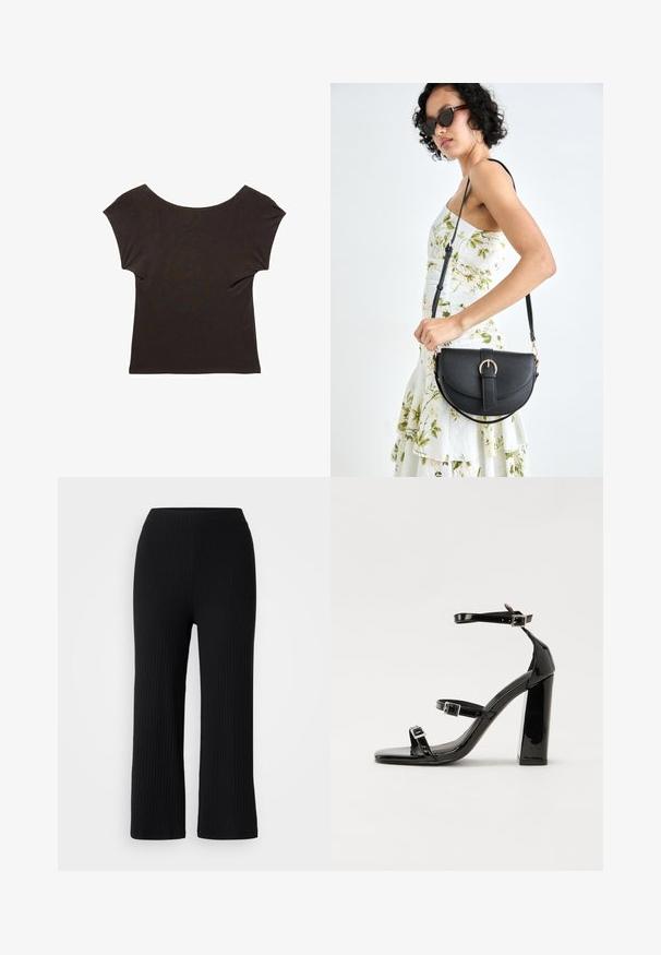 Tamno smeđi kratki rukav majica s širokim izrezom. Izrađena od mekog, glatkog materijala s prilagođenim krojem. Nema vidljivih uzoraka ili ukrasa.; Crne rebraste široke hlače s elastičnim pojasom, izrađene od teksturiranog materijala i ravnog kroja, pogodne za svakodnevno nošenje.; Crne lakirane sandale na visoku petu s dva remena s kopčama, kvadratnim vrhom i masivnom blok petom, s glatkom, sjajnom teksturom.; Crna kožna torba s lukovitim oblikom, odvojivim remenom i zlatnim detaljima. Torba ima preklop s kopčom.