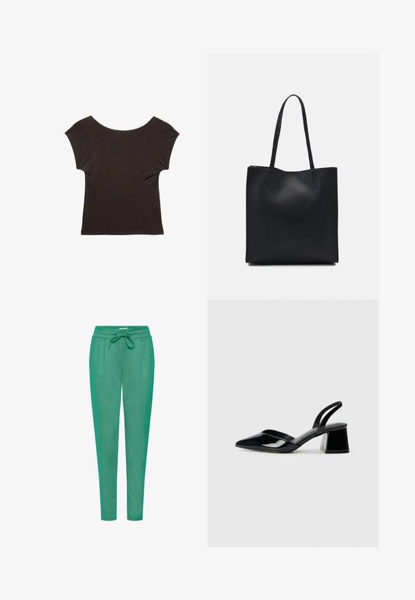 Ciemnobrązowa krótka bluzka z szerokim, okrągłym dekoltem. Wykonana z miękkiego, gładkiego materiału z dopasowanym krojem. Brak widocznych wzorów lub ozdób.; Zielone joggery wykonane z miękkiego materiału, charakteryzujące się elastycznym pasem, sznurkiem do regulacji oraz dwiema bocznymi kieszeniami i dopasowanym krojem.; Czarne lakierowane półbuty na obcasie z wydłużonym noskiem i geometrycznym słupkiem. Charakteryzują się eleganckim, minimalistycznym designem oraz gładką fakturą.; Czarna skórzana torba tote o gładkiej fakturze, prostokątnym kształcie i dwóch długich uchwytach. Brak widocznych elementów metalowych i ozdób.