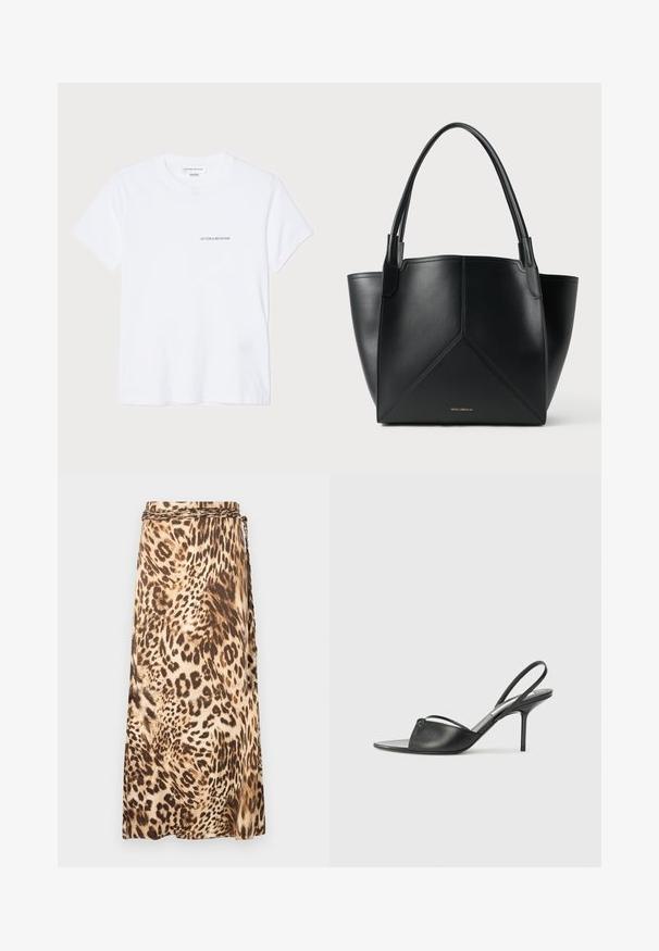 Valge puuvillane T-särk lühikeste varrukatega, ümar kaelus ja väike must "VICTORIA BECKHAM" logo rinnal. Minimalistlik disain.; Leopardimusteriga voolav pikk seelik beežides ja pruunides toonides, millel on punutud vöödetail. Sile kangas ja langev siluett.; Mustaid nahk slingback kontsad terava nokaga, peene pahklu rihmaga ja stilettokandaga. Omab sõlme detaili vampi peal.; Must have geomeetrilise disainiga must nahast käekott, millel on kaks käepidet ja kuldne bränding esiküljel. Sile tekstuur ja struktureeritud kuju.
