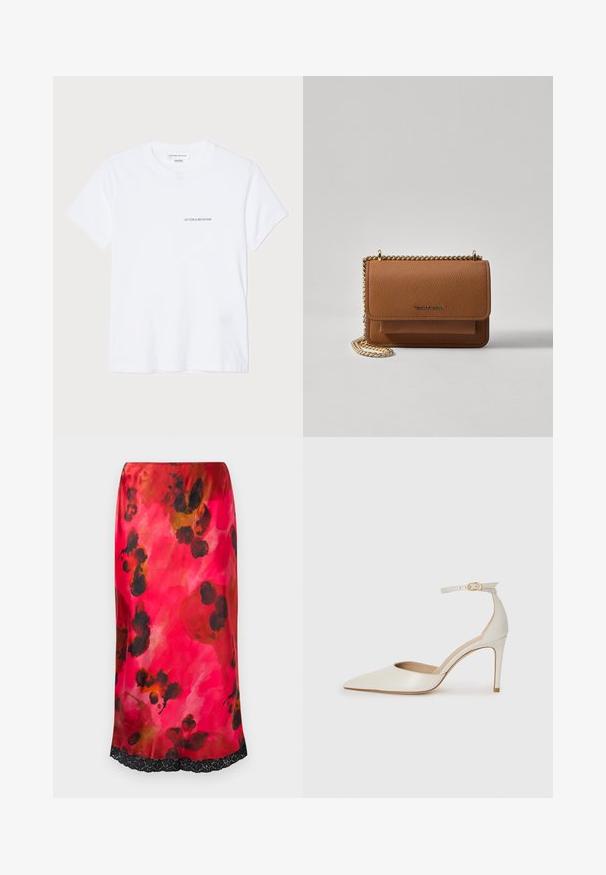 T-shirt en coton blanc à manches courtes, col rond, avec un petit logo noir "VICTORIA BECKHAM" sur la poitrine. Design minimaliste.; Jupe midi en satin avec un motif floral aquarelle rose, rehaussé d'accents noirs et d'une bordure en dentelle à l'ourlet. Texture lisse, silhouette ajustée.; Chaussure à talon haut en cuir blanc avec un bout pointu, une bride de cheville et un talon aiguille fin. Texture lisse avec une finition légèrement brillante.; Sac en cuir texturé marron en bandoulière avec une sangle en chaîne dorée et une fermeture à rabat. L'avant présente un détail de logo et une poche sous le rabat.