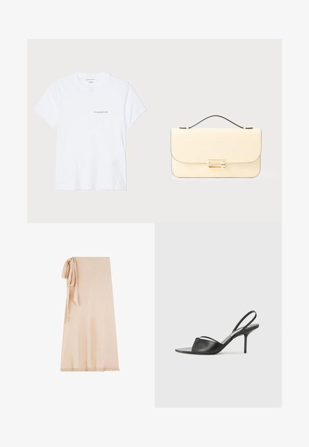 Witte katoenen t-shirt met korte mouwen, ronde halslijn en een klein zwart "VICTORIA BECKHAM" logo op de borst. Minimalistisch ontwerp.; Beige wikkelrok gemaakt van zachte stof met een gestructureerd oppervlak, met een gestrikt accent aan één kant en een franjerand aan de onderkant.; Zwarte leren slingback hakken met een spitse neus, dunne enkelband en stiletto hak. Bevat een geknoopte detail op de bovenkant.; Crème kleurige leren handtas met bovenhandvat en goudkleurige rechthoekige sluiting op een effen lichte achtergrond.