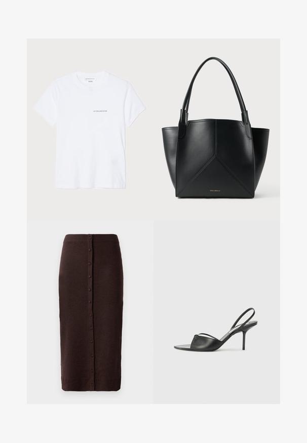 Bílý bavlněný tričko s krátkým rukávem, kulatým výstřihem a malým černým logem "VICTORIA BECKHAM" na prsou. Minimalistický design.; Hnědá pletená sukně s žebrovaným pasem a rovný střih. Na zadní straně má středový knoflíkový zapínání probíhající po celé délce.; Černé kožené lodičky na odkryté patě s špičatou špičkou, tenkým řemínkem kolem kotníku a jehlovým podpatkem. Obsahují uzlový detail na nártu.; Černá kožená taška na rameno s geometrickým designem, vybavená dvěma uchy a zlatým brandingem na přední straně. Hladká textura a strukturovaný tvar.