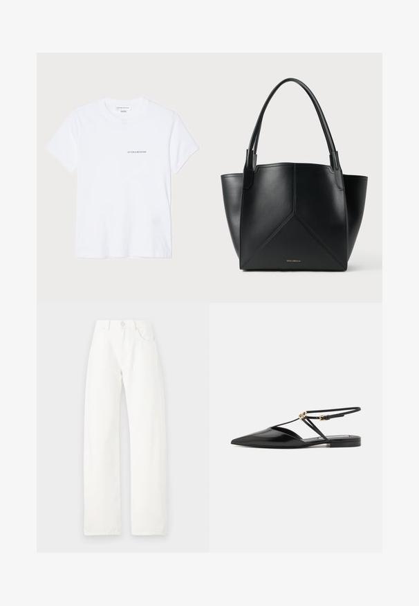 White cotton t-shirt with short sleeves, round neckline, and a small black "VICTORIA BECKHAM" logo on the chest. Minimalist design.; White wide-leg jeans made of cotton, featuring a high waist, two front pockets, and a single button closure with a zip fly.; Victoria Beckham Sandals - black; Black leather tote bag with a geometric design, featuring two handles and gold branding on the front. Smooth texture and structured shape.
