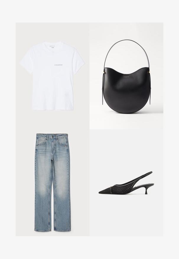 T-shirt bianco in cotone con maniche corte, scollatura rotonda e un piccolo logo nero "VICTORIA BECKHAM" sul petto. Design minimalista.; Jeans in denim blu chiaro con vestibilità dritta, caratterizzati da una vita alta, design a cinque tasche e un leggero sbiadimento sulle cosce e sulle ginocchia.; Tacchi slingback neri con punta affilata, tomaia in tessuto texture, tacco kitten basso e un dettaglio decorativo a striscia nella parte anteriore.; Borsa a spalla in pelle nera con forma curva, manico sottile e sottili accenti dorati. Texture liscia con design minimalista.