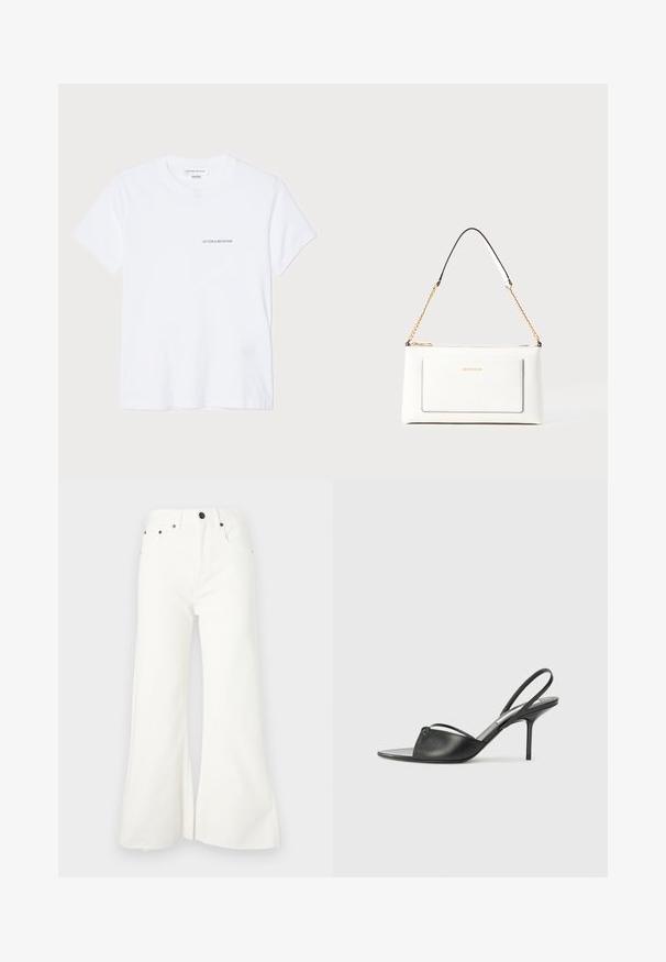 Baltas kokvilnas T-krekls ar īsām piedurknēm, apaļu kakla izgriezumu un mazu melnu "VICTORIA BECKHAM" logo uz krūtīm. Minimālistisks dizains.; Izplūduši balti džinsi ar augstu jostasvietu, piecu kabatu dizainu un neapstrādātu apakšmali. Iekļauj metāla detaļas un pogu aizdari.; Melnas ādas siksniņu augstpapēžu kurpes ar norādītu purngalu, plānu potītes siksniņu un stiletto papēdi. Arī ar sasietu detaļu uz vamp.; Baltā ādas rokassomu ar teksturētu apdari, ar zelta ķēdes siksnu un melniem akcentiem. Iekļauj priekšējo kabatu un aizdari ar rāvējslēdzēju.