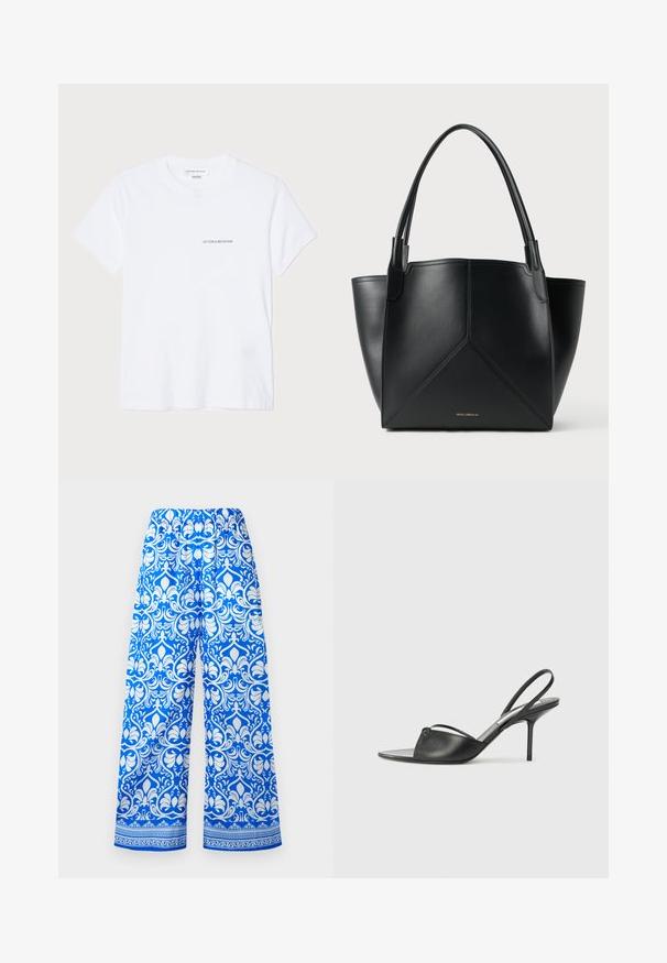 Weißes Baumwoll-T-Shirt mit kurzen Ärmeln, rundem Halsausschnitt und einem kleinen schwarzen "VICTORIA BECKHAM" Logo auf der Brust. Minimalistisches Design.; Blaue und weiße weit geschnittene Hose mit elastischem Bund und kompliziertem floralen Damast-Muster, das eine dekorative Bordüre am Saum aufweist.; Schwarze Leder-Slingback-Pumps mit spitzem Zehenbereich, dünnem Knöchelriemen und Stiletto-Absatz. Verfügt über ein geknotetes Detail auf dem Blatt.; Schwarze Ledertasche mit geometrischem Design, ausgestattet mit zwei Griffen und goldfarbener Markierung auf der Vorderseite. Glatte Textur und strukturierte Form.