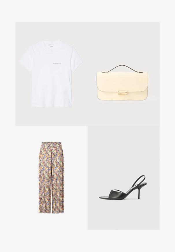 T-shirt bianco in cotone con maniche corte, scollatura rotonda e un piccolo logo nero "VICTORIA BECKHAM" sul petto. Design minimalista.; Pantaloni larghi a fantasia con vita arricciata. I colori includono giallo, viola, blu e verde in un design a spruzzi.; Tacchi slingback in pelle nera con punta affusolata, sottile cinturino alla caviglia e tacco a spillo. Presenta un dettaglio annodato sulla tomaia.; Borsa in pelle color crema con manico superiore e chiusura rettangolare in tonalità dorata su uno sfondo chiaro e semplice.