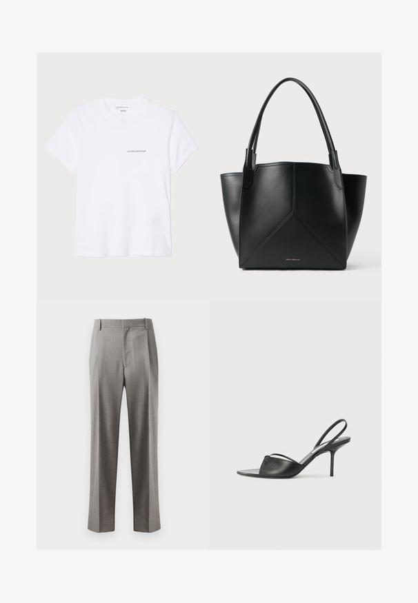 Fehér pamut póló rövid ujjakkal, kerek nyakkal és egy apró fekete "VICTORIA BECKHAM" logóval a mellrészen. Minimalista dizájn.; Szürke, testre szabott nadrág, egyenes szárú, lapos elülső résszel és finom szövettextúrával. Oldalsó zsebekkel és övbujtókkal készült.; Fekete bőr, hátsó pántos, hegyes orrú magassarkú cipők vékony bokapánttal és stiletto sarkukkal. Az orrban csomózott részlet található.; Fekete bőr totes táska geometrikus mintával, két füllel és aranyszínű logóval az elején. Simább textúra és strukturált forma.