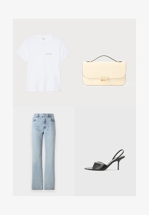 T-shirt bianco in cotone con maniche corte, scollatura rotonda e un piccolo logo nero "VICTORIA BECKHAM" sul petto. Design minimalista.; Jeans in denim azzurro chiaro con vita alta, gamba dritta, design classico a cinque tasche e una leggera scoloritura uniforme.; Tacchi slingback in pelle nera con punta affusolata, sottile cinturino alla caviglia e tacco a spillo. Presenta un dettaglio annodato sulla tomaia.; Borsa in pelle color crema con manico superiore e chiusura rettangolare in tonalità dorata su uno sfondo chiaro e semplice.