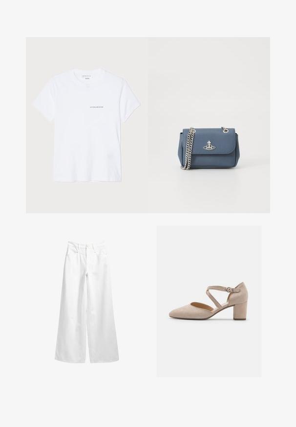 Tricou alb din bumbac, cu mâneci scurte, decolteu rotund și un mic logo negru "VICTORIA BECKHAM" pe piept. Design minimalist.; Pantaloni din denim alb, cu picior larg și talie înaltă, cu închidere cu buton, bucle pentru curea și două buzunare frontale. Textură netedă și rezistentă.; Toc înalt din suede bej, cu vârf ascuțit, dotat cu un brâu încrucișat și cataramă ajustabilă. Toc pătrat și căptușeală interioară netedă.; Geantă din piele ecologică texturată albastră, cu o curea din lanț argintiu și un accent cu logo pe față. Închidere tip clapetă.