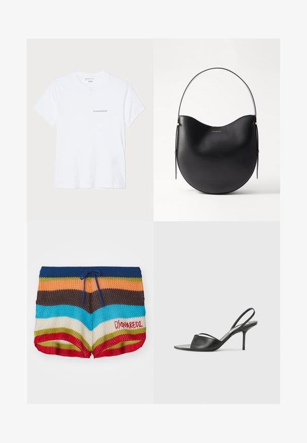 Fehér pamut póló rövid ujjakkal, kerek nyakkal és egy apró fekete "VICTORIA BECKHAM" logóval a mellrészen. Minimalista dizájn.; Kötött rövidnadrág vízszintes csíkokkal kék, narancs, barna, türkiz, krém, zöld és piros színben, navy színű zsinórral és piros "Dsquared2" logóval.; Fekete bőr, hátsó pántos, hegyes orrú magassarkú cipők vékony bokapánttal és stiletto sarkukkal. Az orrban csomózott részlet található.; Fekete bőr válltáska ívelt formával, vékony fogantyúval és finom arany részletekkel. Simából textúra, minimalista dizájnnal.