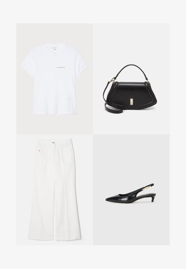White cotton t-shirt with short sleeves, round neckline, and a small black "VICTORIA BECKHAM" logo on the chest. Minimalist design.; White flared jeans with a high waist, featuring two back pockets and red embroidered logo detail on the right pocket, made of denim fabric.; Black leather slingback heels with a pointed toe, featuring a slim heel and a gold-tone accent on the adjustable strap. Smooth texture.; Black leather handbag with a structured design, featuring a cropped shape, top handle, and gold hardware accent. Adjustable shoulder strap included.