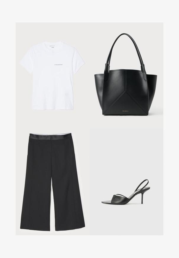 Balta medvilninė marškinėliai su trumpomis rankovėmis, apvaliu iškirpimu ir mažu juodu "VICTORIA BECKHAM" logotipu ant krūtinės. Minimalistinis dizainas.; Juodos plačios kelnės su lygia satino juosmens juosta, dviem šoninėmis kišenėmis ir tvarkingu, pritaikytu dizainu. Plokščia priekinė dalis be matomų raštų.; Juodos odinės slingback aukštakulnės bateliai su smailiu priekiniu galu, plona kulkšnies juostele ir stiletto kulnu. Papuošti mazginio detalė vampyro dalyje.; Juodas odinis nešiojimo krepšys su geometriniu dizainu, turintis dvi rankenas ir auksinį prekės ženklą priekyje. Lygus paviršius ir struktūrizuota forma.