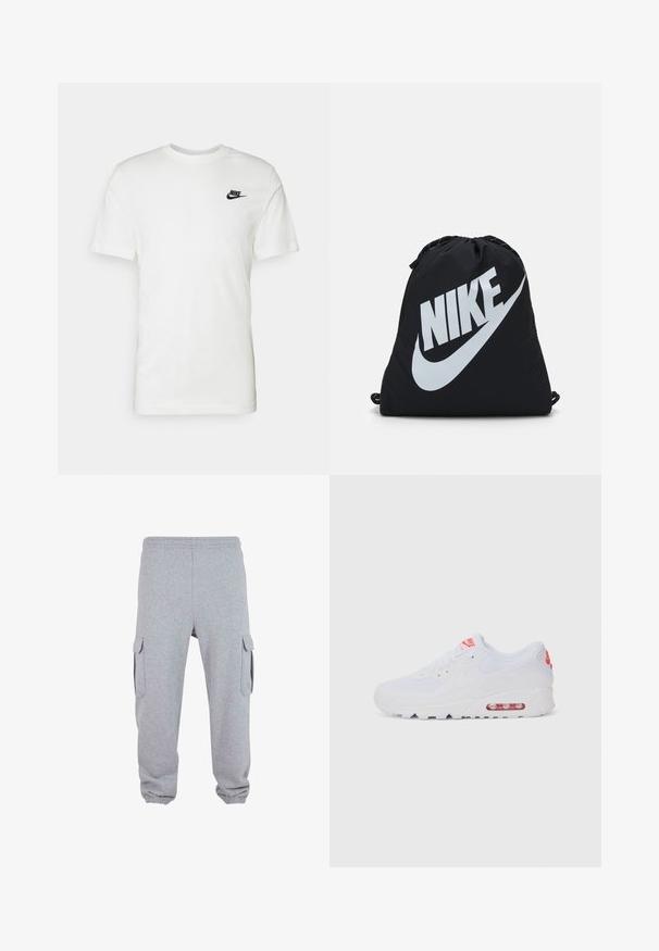 Bílá bavlněná tričko s krátkým rukávem, kulatým výstřihem a černým logem Nike na levé části hrudi. Hladká textura a klasický střih.; Šedé tepláky z měkké tkaniny s dvěma bočními kapsami, elastickým pasem a elastickými manžetami u kotníků.; Bílé sportovní tenisky s hladkým svrškem, šněrováním, polstrovanou podrážkou a viditelnou vzduchovou jednotkou s červenými akcenty na značce.; Černá taška na stažení s velkým bílým logem Nike. Vyrobena z lehké tkaniny s hladkým povrchem a zaobleným tvarem.